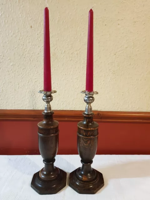 Vintage Pair old oak Candlesticks with silver Metal  sconces