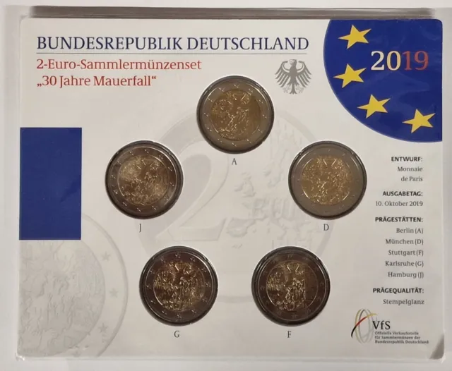 Coincard 5 X 2 euro Monete Commemorativo GERMANIA 2019 Caduta Muro Di Berlino BU