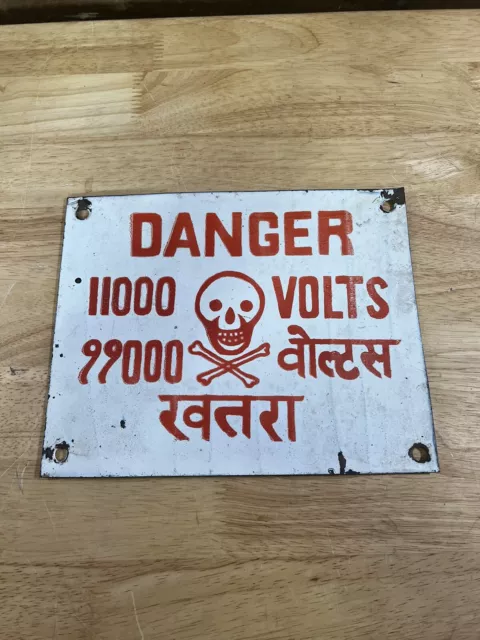 Vintage White Porcelain Danger 11000 Volts Sign