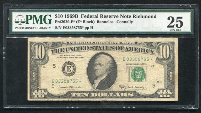 Fr. 2020-E* 1969-B $10 *Star* Frn Federal Reserve Note Richmond, Va Pmg Vf-25