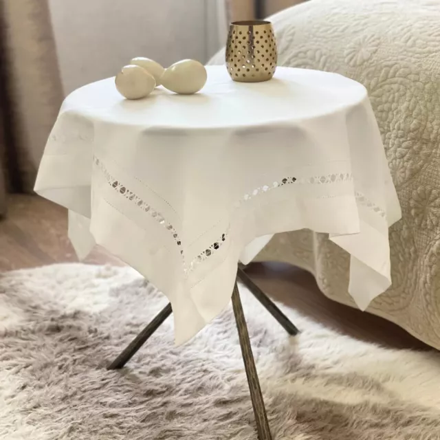 Luxury Faux Linen Soft White Tablecloth Cutwork Centrepiece Dining Modern