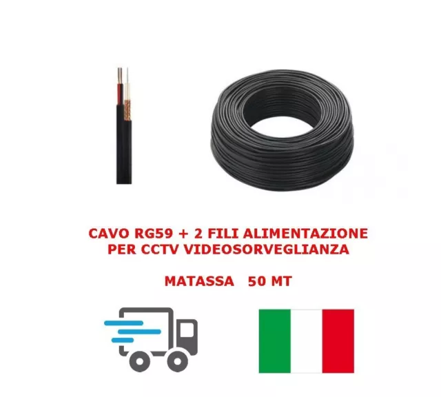 Cavo Professionale Video CCTV Coassiale 50 Metri RG59 + 2 cavi Alimentazione DV