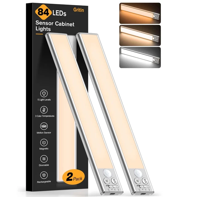2 PACK UNDER Cabinet LED Lights Rechargeable Motion Sensor Silver 26cm ...