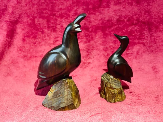 Vintage Mid Century Modern Ironwood Hand Carved Set of 2 Quail and Duck Bookends