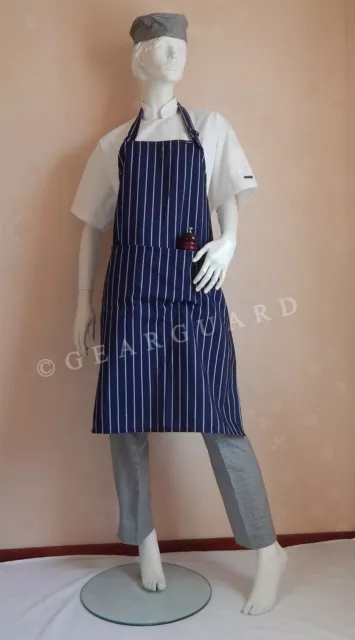 Adjustable Full Bib Navy Blue&White Pinstripe Chef/Butcher Apron with pocket