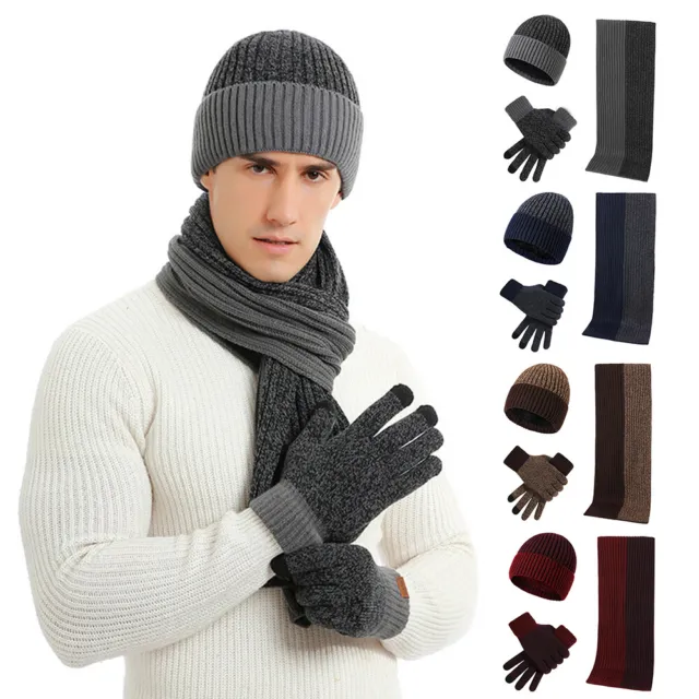 Hommes Femmes Hiver Bonnet Chapeau Écharpe Gants Ensemble Chaud Laine Tricot F