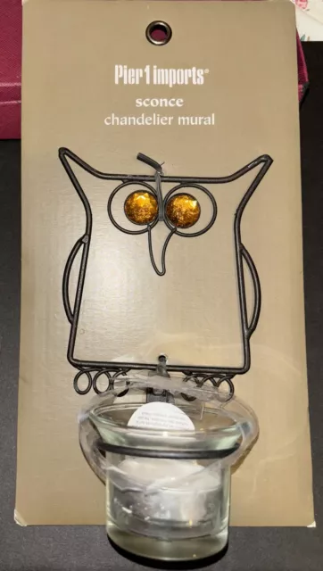 Vtg Pier One Owl Bling Eyed Wrought Iron Pillar Candle Holder Wall Sconce New