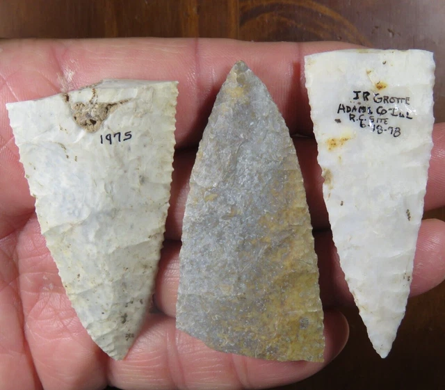 Heartbreaker group of 3 Early Archaic point tips FB J. Grotte Adams Co. IL