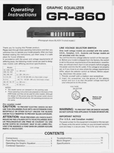 Pioneer GR-860 Stereo Graphic Equalizer Operating Instruction EQ - USER MANUAL