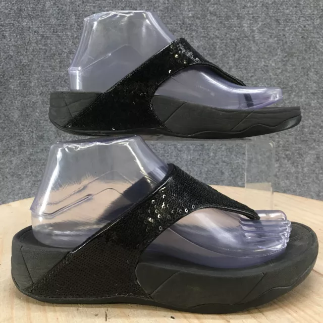 Fitflop Sandals Womens 7 Electra Sequin Wedge Thong Slip On Black Casual Comfort