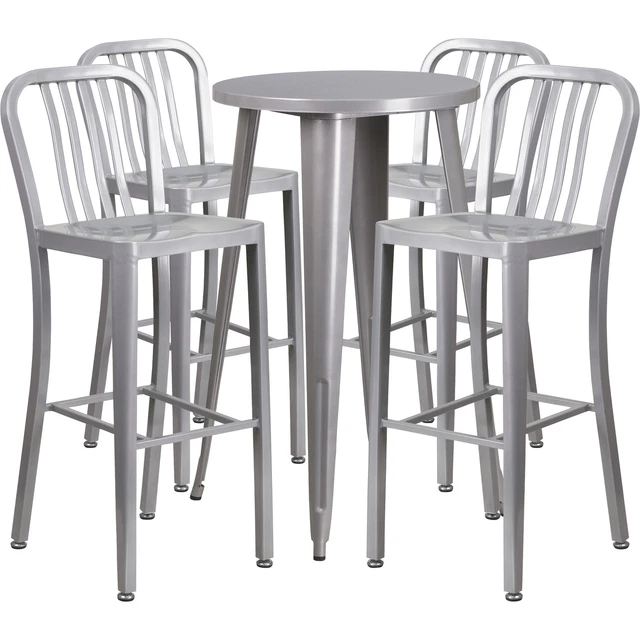 5-Pc Silver Metal Bar Table Set -24inx41inH Round Table w/4 Industrial-Style