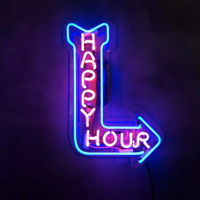 14"x17" Happy Hours Arrow Glass Neon Light Wall Vintage Party Neon Sign Lamp