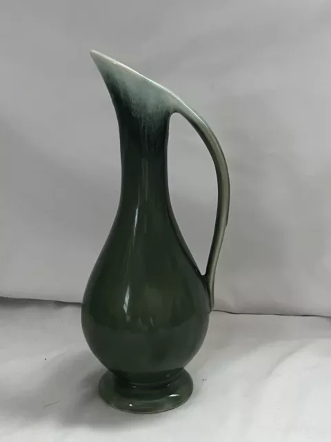 Vintage USA Art Pottery Ewer Bud Vase Green Drip Glaze Iridescent 8" Mid Century