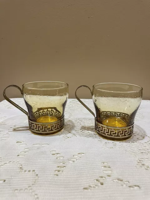 2 Vintage Amber Libbey Glasses With Brass Handle