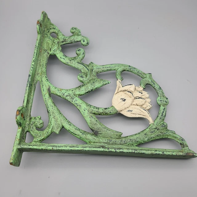 Cast Iron 1 Shelf Bracket Rustic vintage Style 11" x 11" green white flower 3