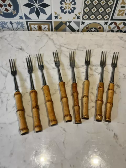 Juego de 8 horquillas de fondue vintage con mango de madera de bambú salmón de alta calidad