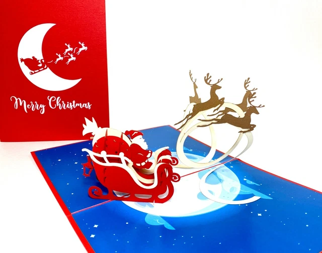 Flying Santa Sled Pop Up Christmas Card.3D Merry Christmas Season Greetings Card