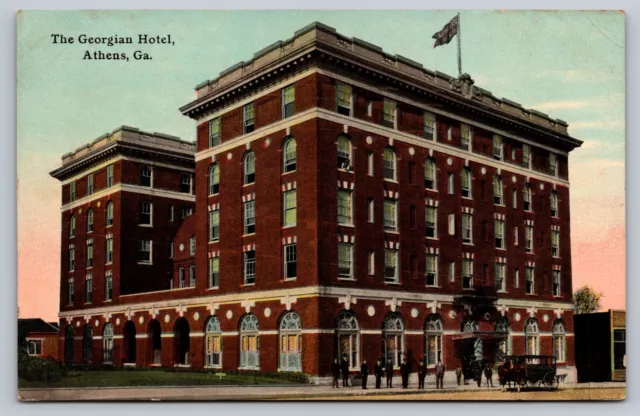 Ga Georgia Athens The Georgian Hotel Old Car At Front Door Postcard