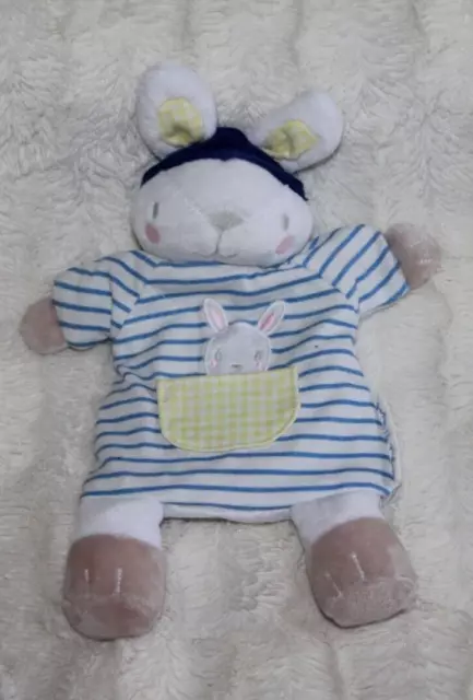 Doudou  Sergent Major Lapin Marionnett Blanc Raye Bleu Poche Jaune Neuf