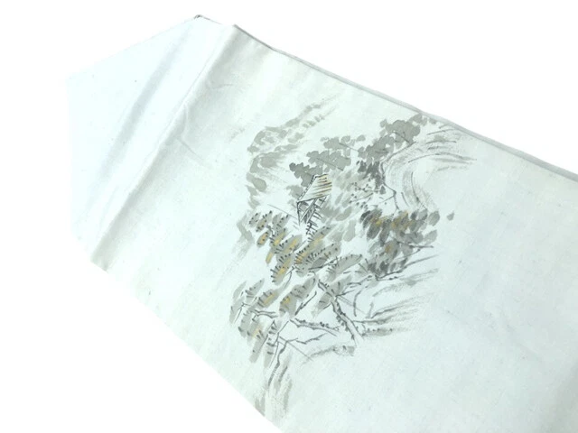 6514547: Japanese Kimono / Vintage Nagoya Obi / Tsumugi / Woven House & Trees