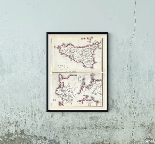 1867 Map of Sicily, Syracuse, Ports in Italy | Vintage Sicily Map | Syracuse Wal