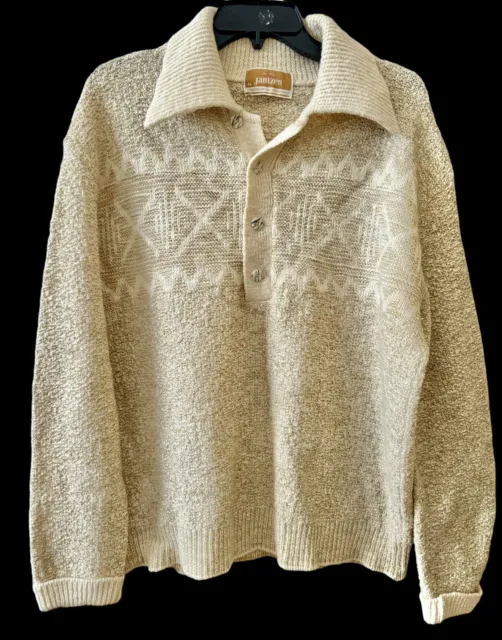 70s Jantzen Sweater Chunky XL Pullover Big Collar Cableknit Grandpa Retro Vtg