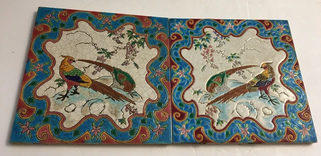 Pendant Colourful fighting Pheasant 2 Art Nouveau Tile Jugendstil  Fliese GIEN