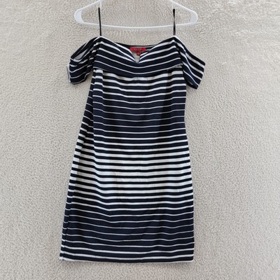 GUESS Roni Off-the-Shoulder Striped V-Neck Dress Women's XL Navy Blue/White