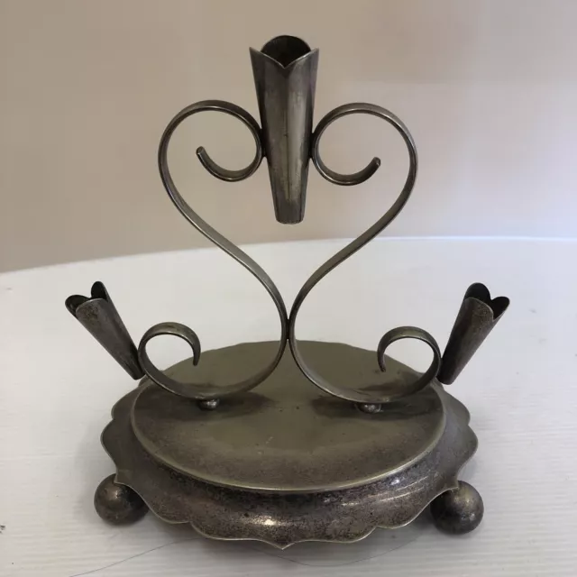 Vintage Ornate Silver Plate 3 Slot Candlestick Holder (D1GA)