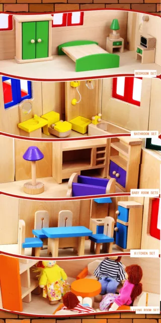 Wooden 3 Level DIY Dolls Doll House Girls Kids Pretend Play Toys Furniture Set K 3