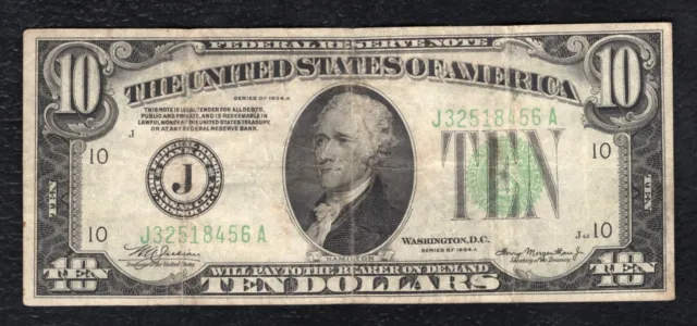 1934-A $10 Ten Dollars Frn Federal Reserve Note Kansas City, Mo Very Fine