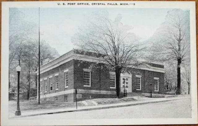Crystal Falls, MI 1930s Postcard: US Post Office Building - Michigan Mich