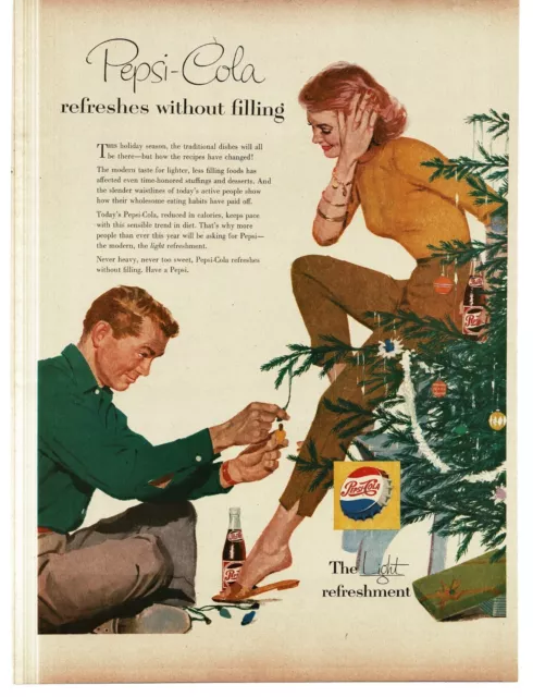 1956 Pepsi-Cola Soda woman man decorate Christmas tree art Vintage Print Ad