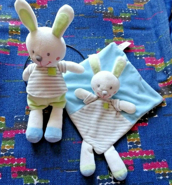 Tp/ 2 Doudou Plat + Peluche 26 Cm Nicotoy Lapin Blanc Bleu Vert Gris Raye Ttbe