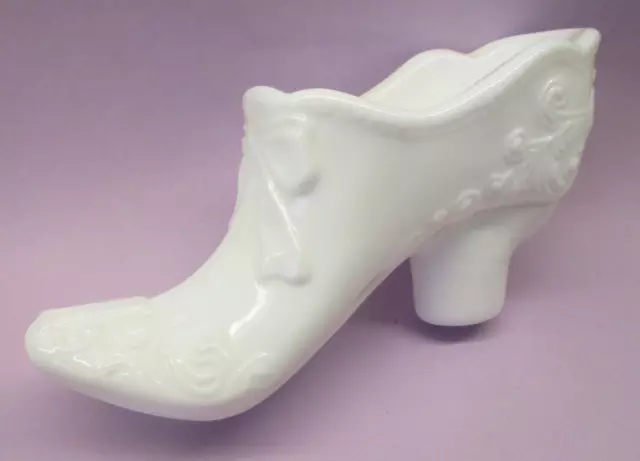 Vintage Mosser Scroll & Bow White Milk Glass Slipper Shoe