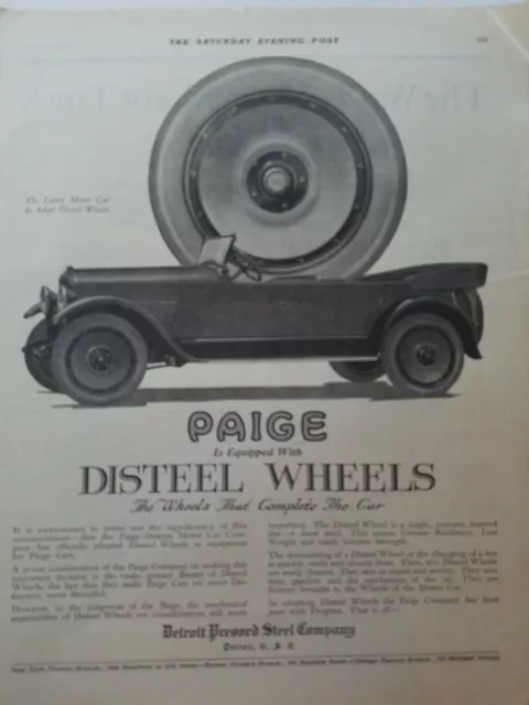 1919 Paige motor car is equipped with disteel wheels vintage original ad