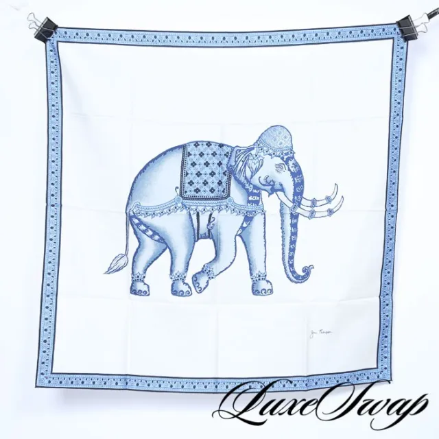 Jim Thompson Thai Shantung Silky White Delft Blue Elephant Hand Rolled Scarf NR