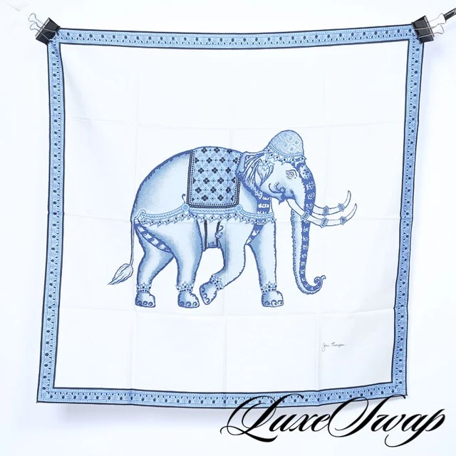 Jim Thompson Thai Shantung Silky White Delft Blue Elephant Hand Rolled Scarf NR