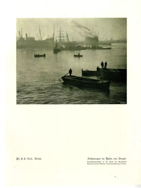 Frühmorgen im Hafen von Neapel Boote- Schiffe Hafen Photo- Kunstdruck v.1914