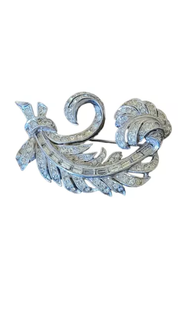 Vintage Silver Tone And Rhinestone Leaf Brooch Pin 2"