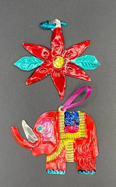 Two Ornaments Mexican Hand Painted Tin Metal Poinsettia & Elephant - Holiday