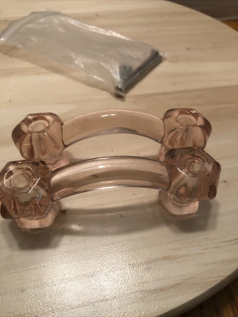 2 Vintage Pink Glass Dresser Drawer Cabinet Pulls Handles Furniture Hardware