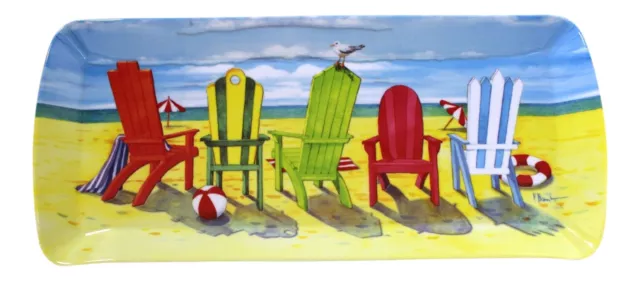 Bright Beach Chairs Shoreline Coastal Scene 15 Inch Oblong Melamine Serving Tray