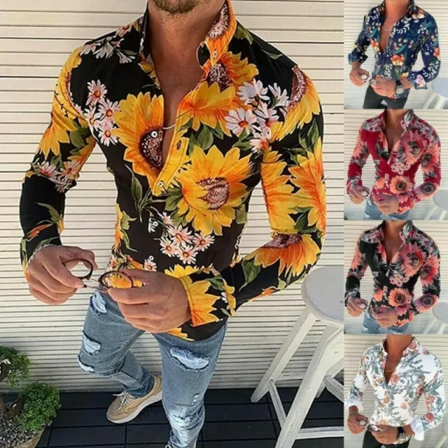 Lässiges Herrenhemd mit Blumenmuster schmaler Passform Bluse Oberteile Urlaub