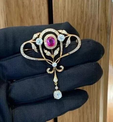 3CT Oval Pink Ruby Diamond Lab Created Women's Brooch Pin 14k Yellow Gold Plated