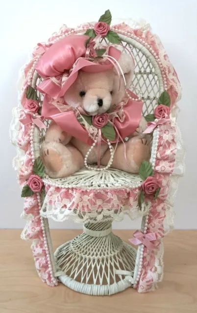 16" Tall Pink White Wicker Victorian Teddy Bear Doll on Chair