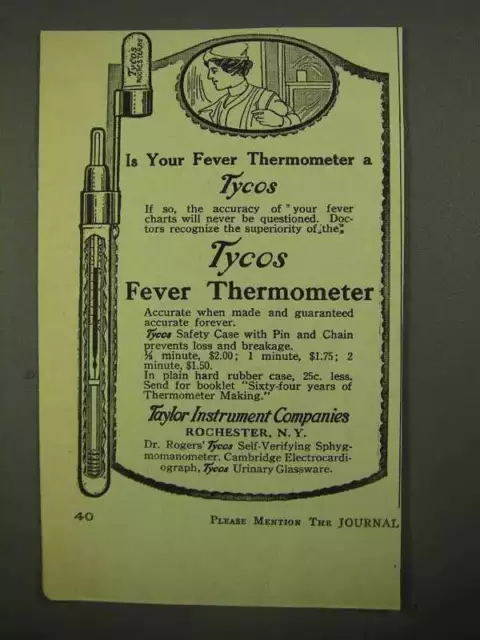 1918 Taylor Instrument Tycos Fever Thermometer Ad