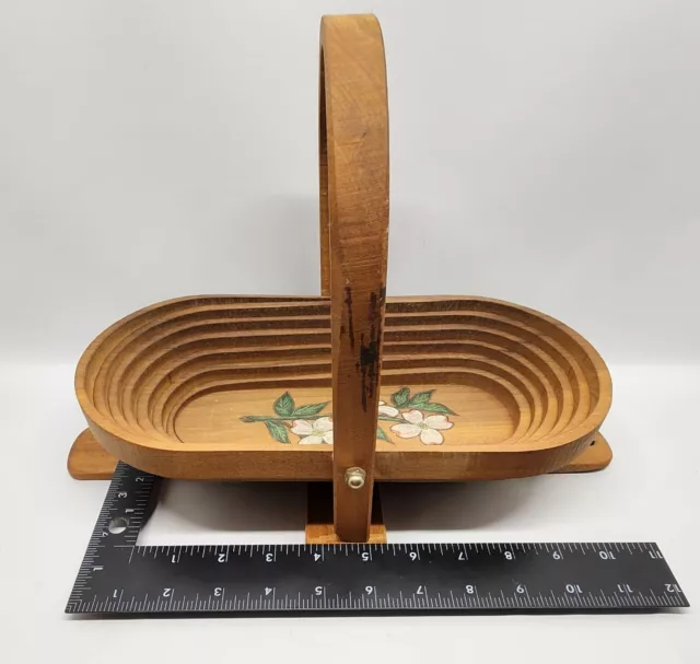 Vtg Collapsible Wooden Bowl/Basket With Handle Mid Century MCM- Flower Design