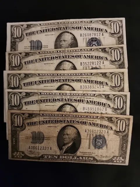 Lot Of 5 $10.00 Blue Seal Silver Certificates. 1934