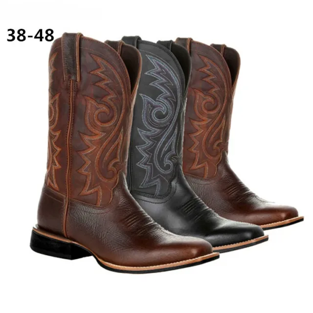 Men's Cowboy Retro Boots Leather Western Brown Work Square Toe Botas Plus Size